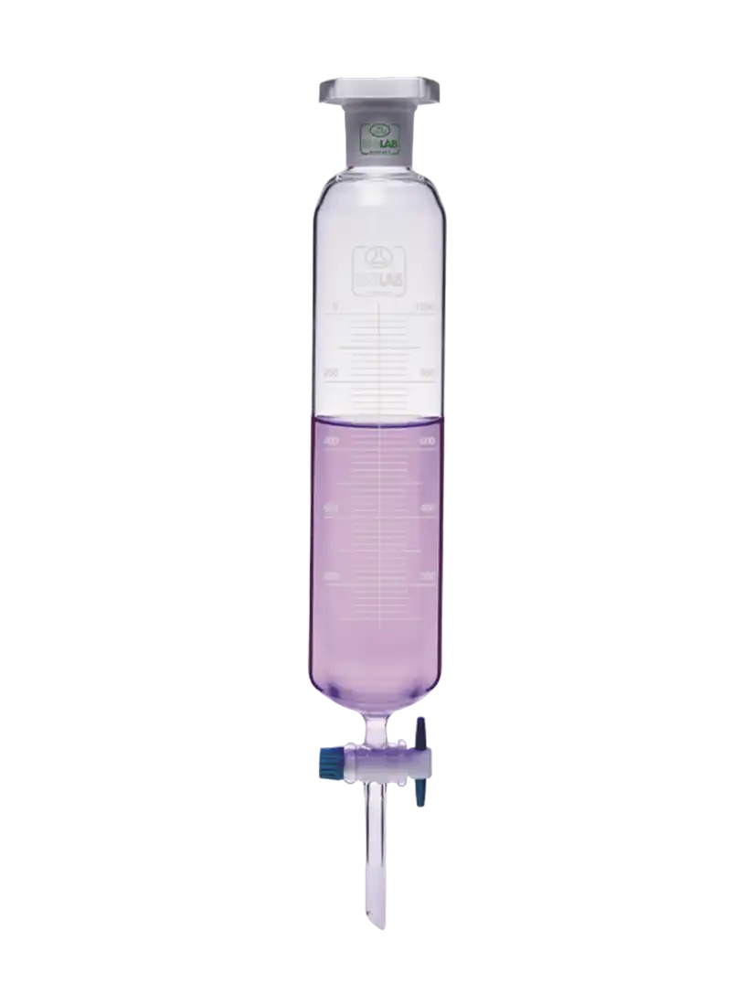 Separatory Funnel, Borosilicate Glass, Cylindrical, Graduated, with PTFE Stopcock and P.P Conical Stopper, NS 29/32 Female Joint, 1000 ml Volume