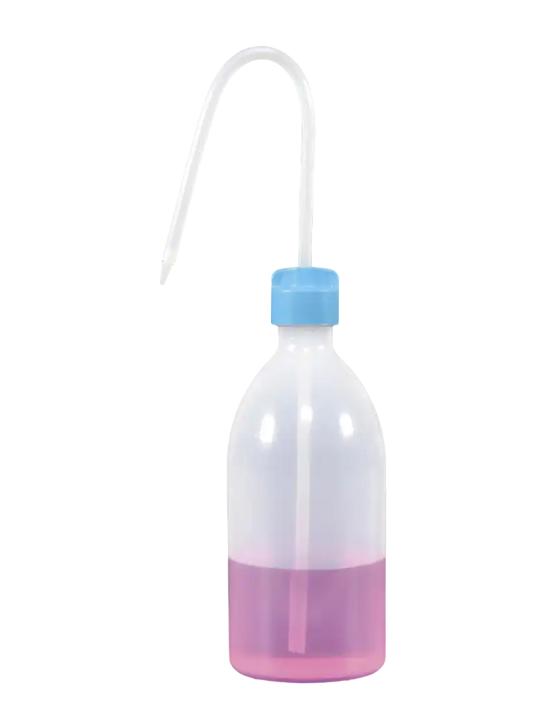 Wash Bottle, P.E, Narrow Neck, Clear Body, Green Cap, 100 ml Volume