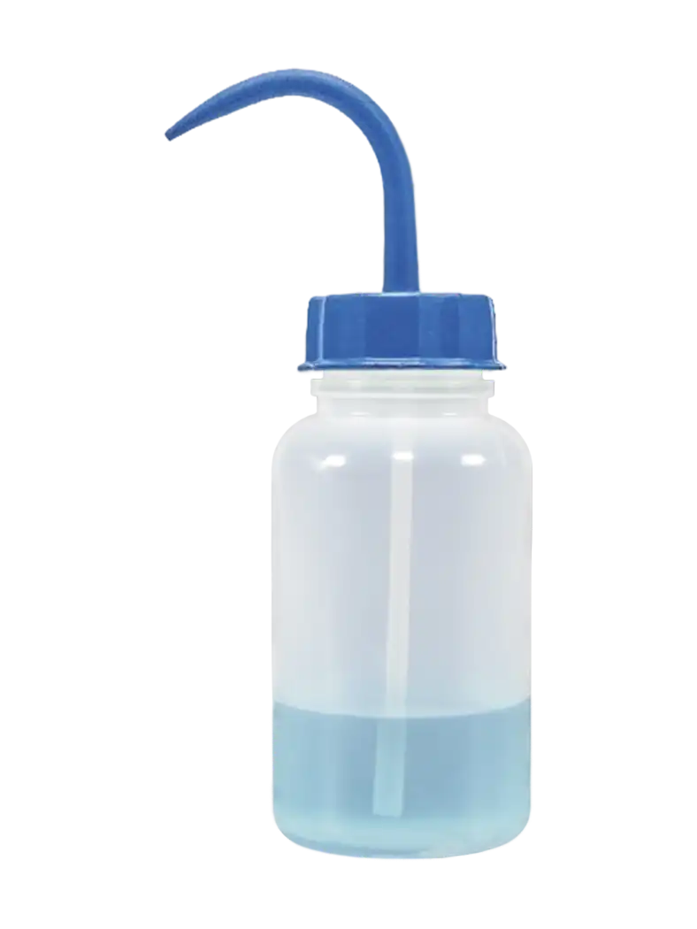 Wash Bottle, P.E, Wide Neck, Clear Body, Blue Cap, 500 ml Volume