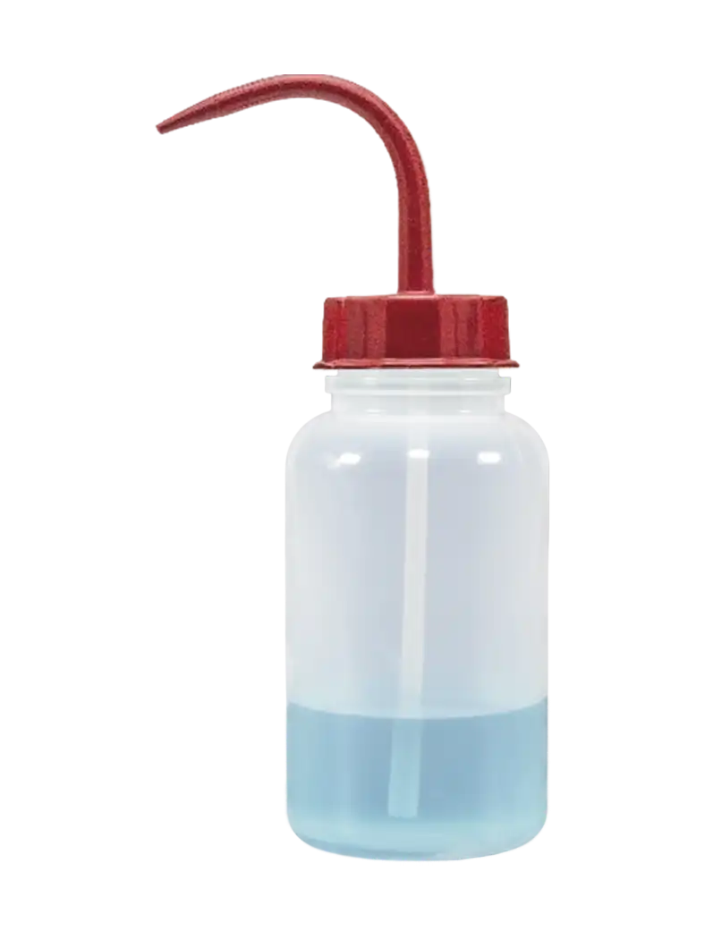 Wash Bottle, P.E, Wide Neck, Clear Body, Red Cap, 500 ml Volume