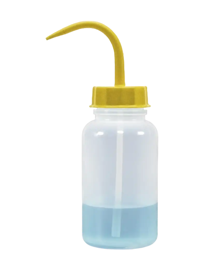 Wash Bottle, P.E, Wide Neck, Clear Body, Yellow Cap, 500 ml Volume